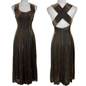 Vintage Black Metallic Gold Maxi Dress XS 3/4 Party Gothic Whimsy Fairy Sexy 80s